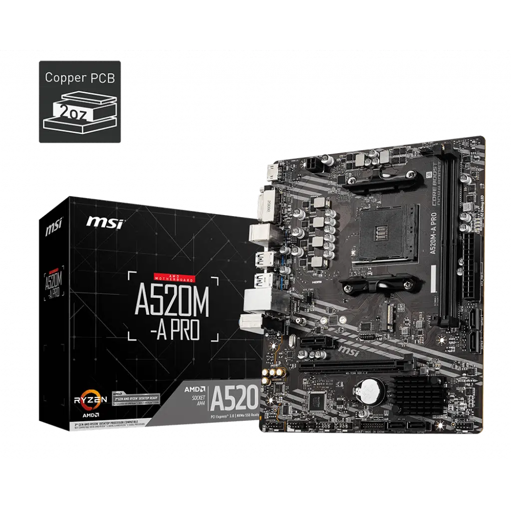 MSI A520M-A PRO DDR4 4600MHZ 1XHDMI 1XDVI 1XM.2 USB 3.2 MATX AM4 (AMD AM4 5000/4000/3000 SERİLERİ İLE UYUMLU)